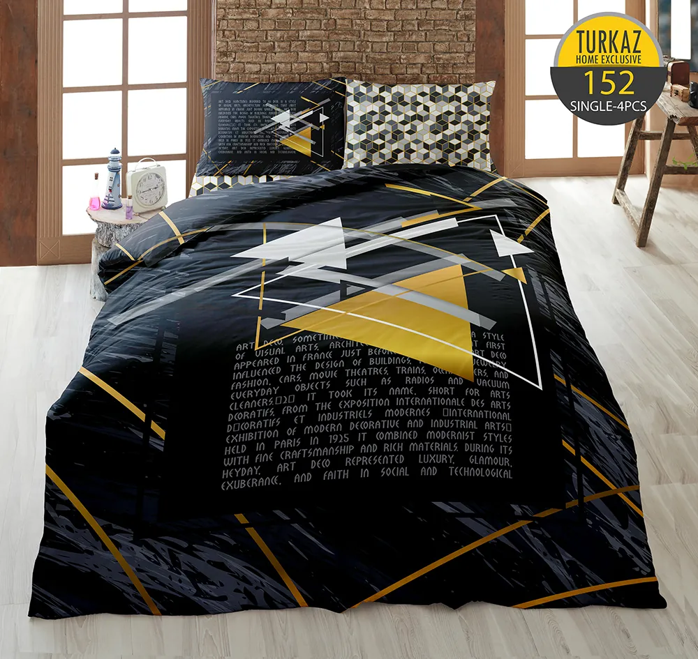 ست لحاف تک نفره ترکاز مدل 0152 – طرح رویه مشکی مدرن با خطوط طلایی و متن تایپوگرافی
