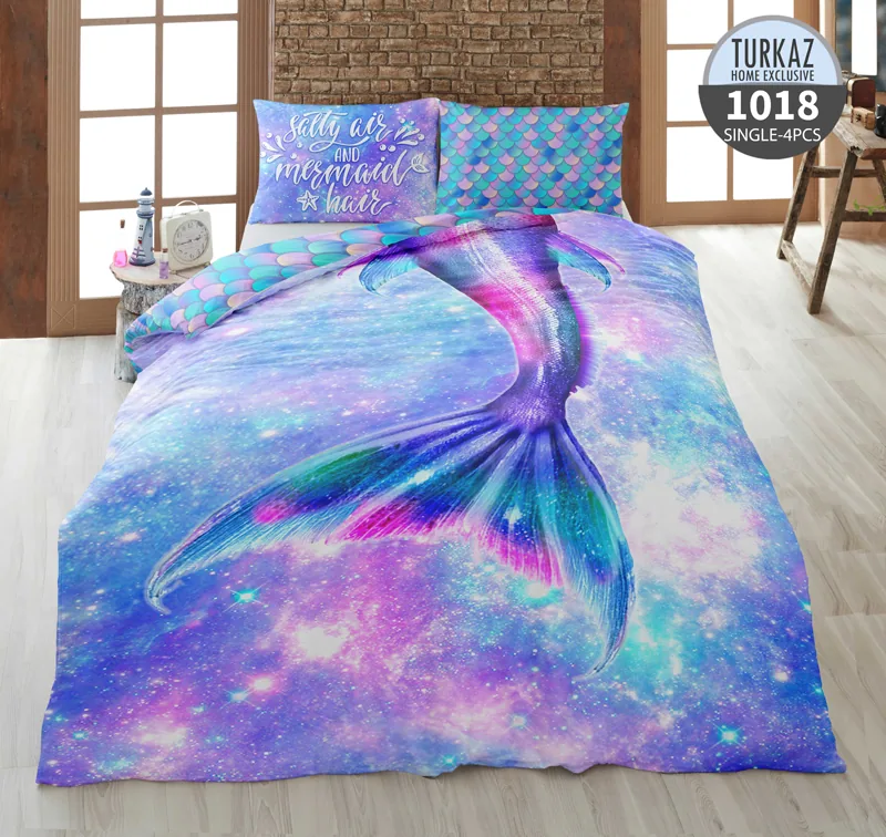 ست لحاف تک نفره ترکاز مدل 1018 – طرح دم پری دریایی با رنگ‌های آبی، بنفش و صورتی درخشان