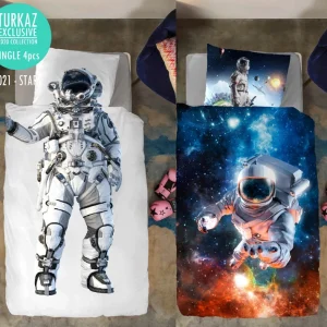 نمای دوتایی ست روتختی تک نفره ترکاز 1021 – دو طرح فضانورد با پس‌زمینه سفید و کهکشانی