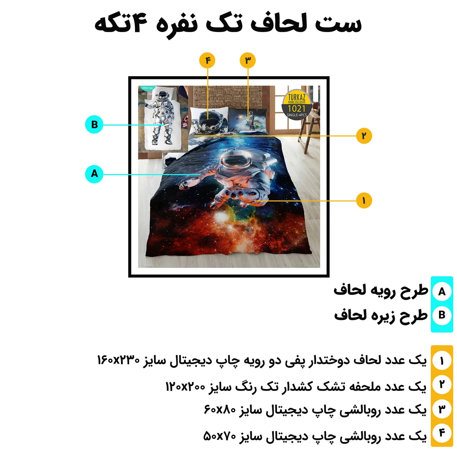 اینفوگرافیک اجزای ست لحاف تک نفره ترکاز 1021 – لحاف، ملحفه کش‌دار، روبالشی آکسفورد و فلت