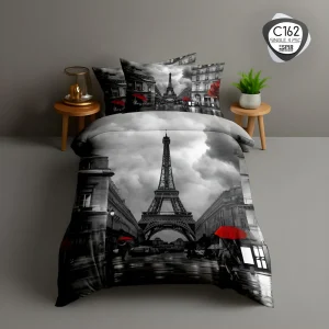 ست لحاف تک نفره ESPIR C162 با طرح برج ایفل و جزئیات قرمز روی روبالشی و لحاف