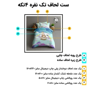 اینفوگرافی اجزای ست روتختی ESPIR تک‌نفره C117 (۴ تکه) با ابعاد دقیق