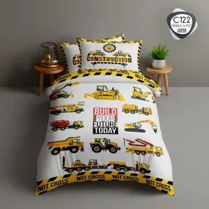 روتختی یک‌نفره اسپیر C122 طرح ساخت‌وساز؛ ست ۴ تکه با لحاف چاپی و نوار DANGER – ترکاز