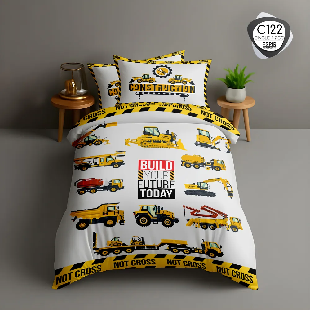 روتختی یک‌نفره اسپیر C122 طرح ساخت‌وساز؛ ست ۴ تکه با لحاف چاپی و نوار DANGER – ترکاز