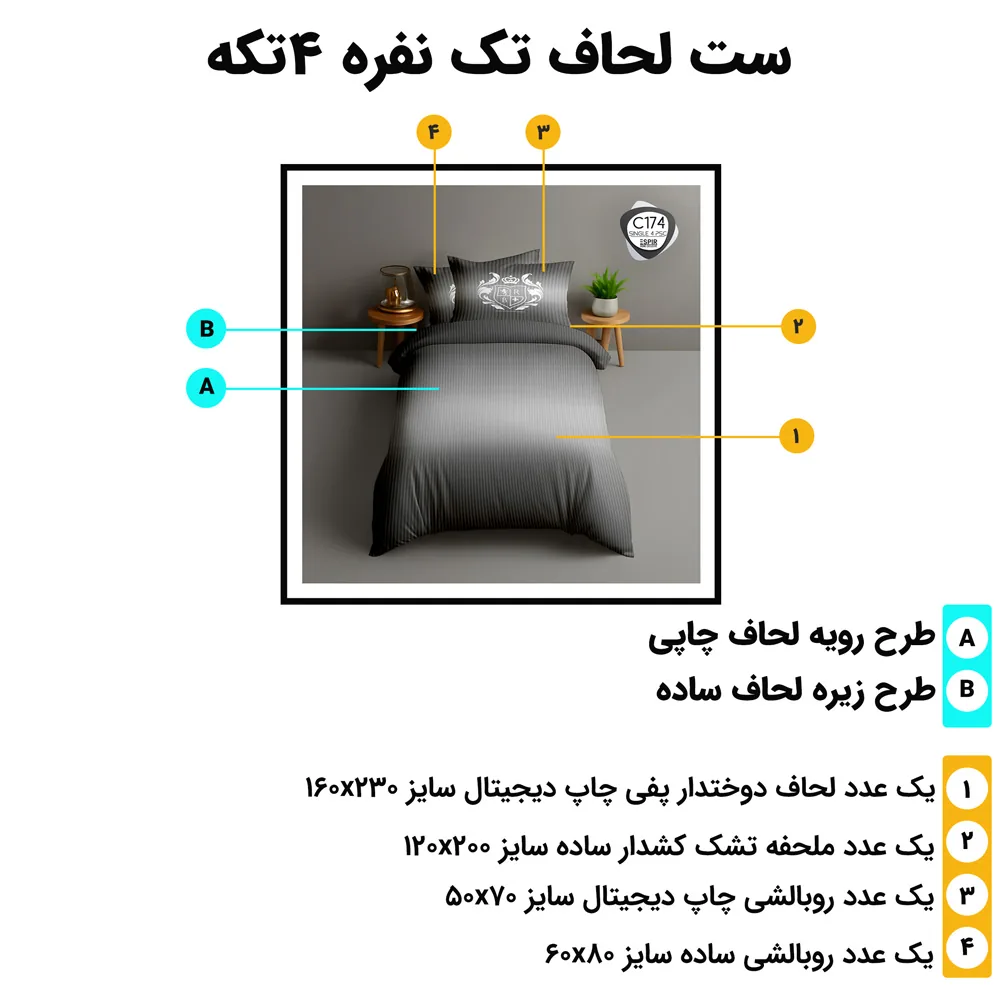 اینفوگرافی اجزای ست لحاف تک‌نفره ۴ تکه ESPIR C174 به‌همراه ابعاد استاندارد