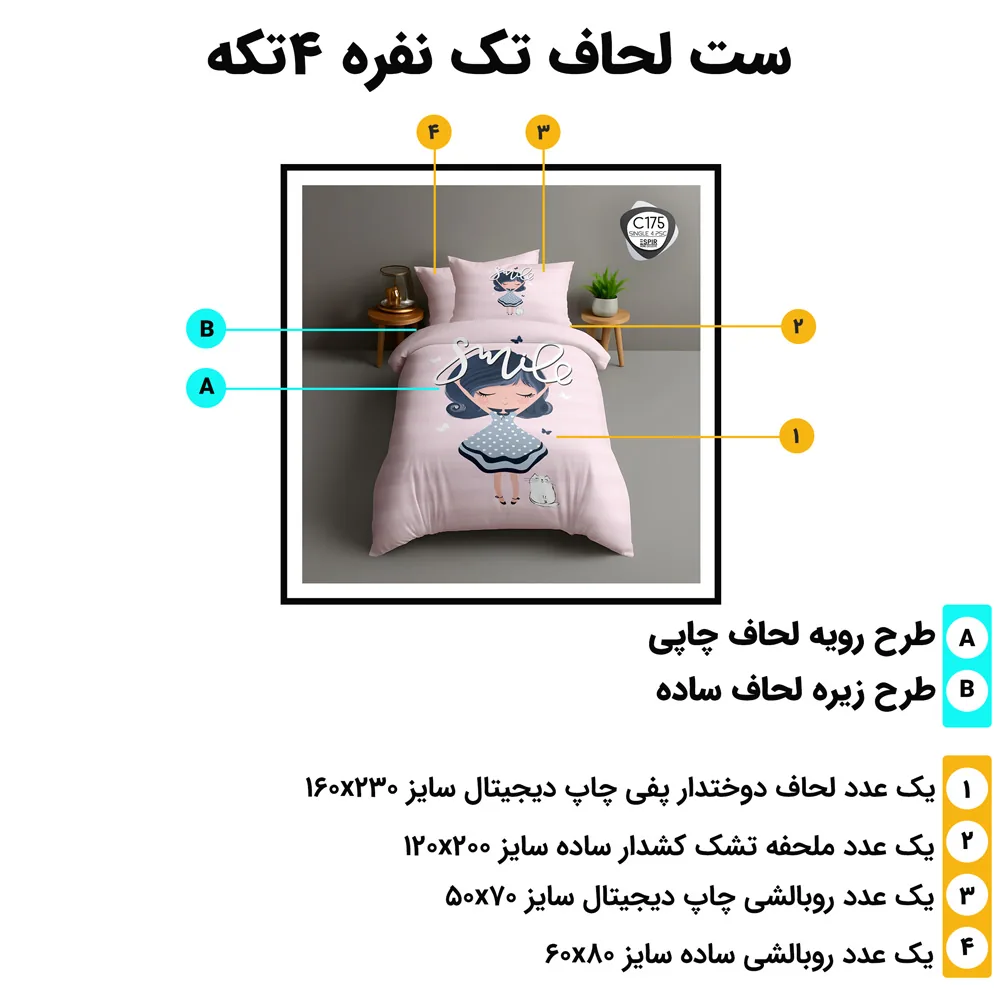 اینفوگرافی اجزای ست روتختی تک‌نفره ۴ تکه ESPIR C175 با ابعاد استاندارد
