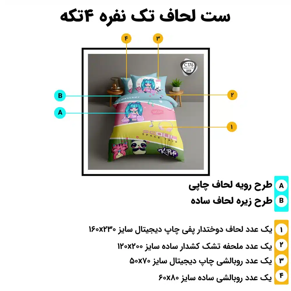 اینفوگرافی اجزای ست روتختی تک‌نفره ۴ تکه ESPIR C176 با ابعاد استاندارد