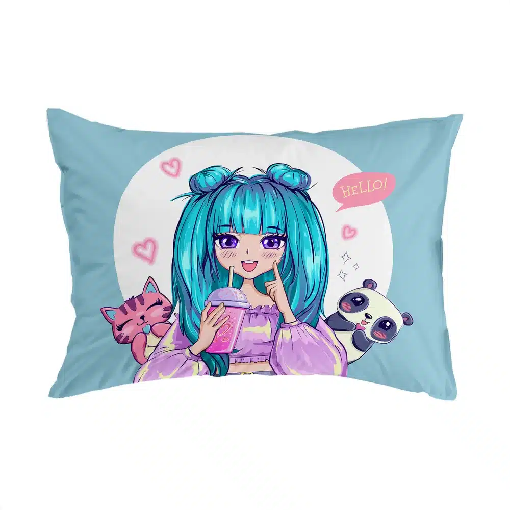 روبالشی طرح کارتونی دختر با موهای آبی فیروزه‌ای و حیوانات فانتزی – ست لحاف ESPIR C176