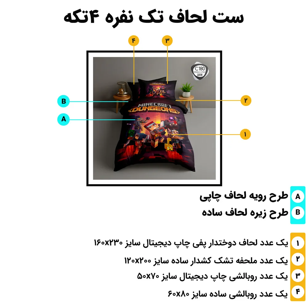 اینفوگرافی اجزای ست روتختی تک‌نفره ۴ تکه ESPIR C180 با ابعاد استاندارد