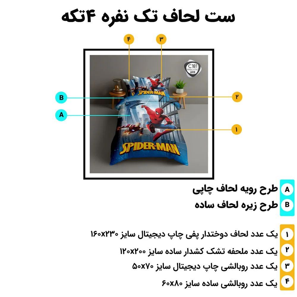 اینفوگرافی اجزای ست روتختی تک‌نفره ۴ تکه ESPIR C181 با ابعاد استاندارد