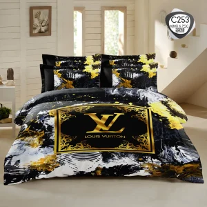 ست روتختی لوکس دونفره طرح Louis Vuitton مشکی طلایی کد C253 مناسب تخت عروس