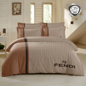 روتختی دونفره شش تکه طرح FENDI مدل لوکس با رنگ بژ و نسکافه‌ای کد C257