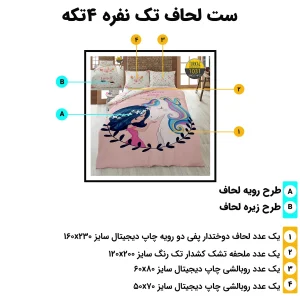 اجزای ست روتختی تک نفره 4 تکه ترکاز 1031 – لحاف، ملحفه کش‌دار، دو عدد روبالشی