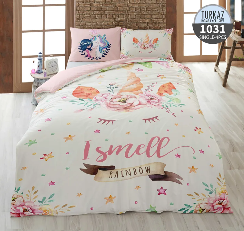 ست روتختی تک نفره ترکاز مدل 1031 – طرح یونیکورن فانتزی، زیره لحاف سفید با گل و ستاره