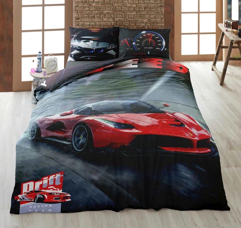 روتختی تک‌نفره ترکاز 1092 طرح ماشین اسپرت قرمز با چاپ دیجیتال دورویه