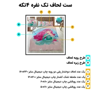 اجزای ست روتختی تک‌نفره ترکاز 1101 شامل لحاف، ملحفه کش‌دار و دو روبالشی