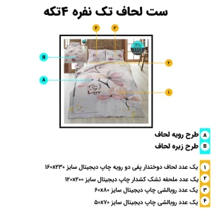 اجزای ست روتختی تک‌نفره ترکاز 1113 شامل لحاف، ملحفه کش‌دار و دو روبالشی
