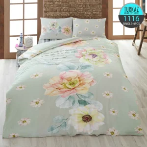 روتختی تک‌نفره ترکاز 1116 طرح گل‌های پاستلی بزرگ با زمینه سبز روشن و چاپ دیجیتال دو‌رو