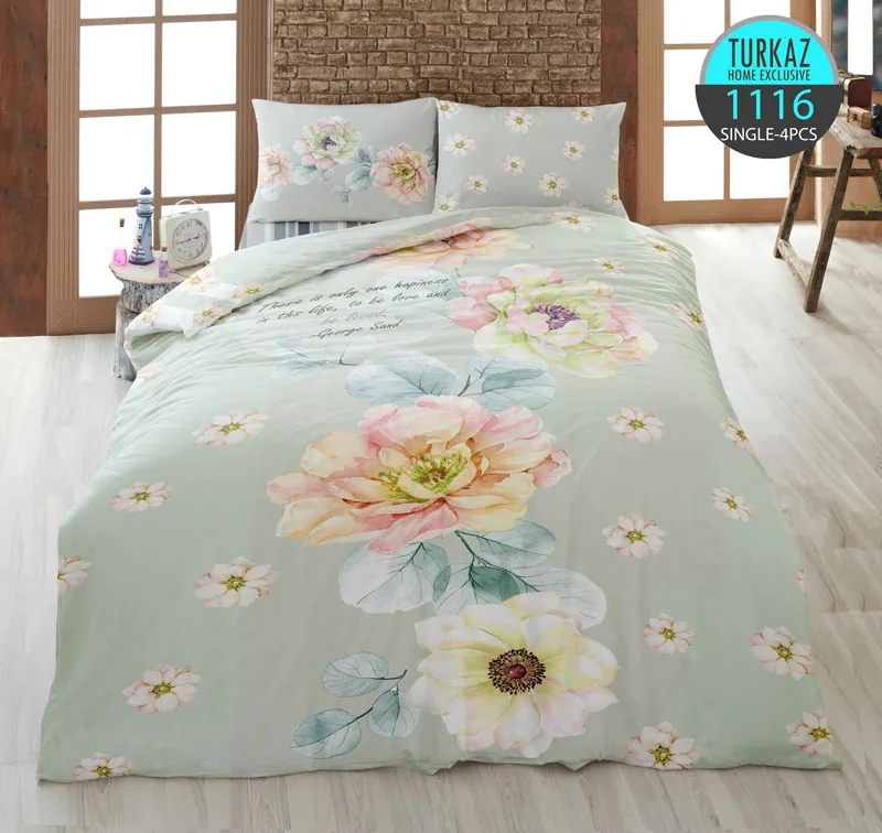 روتختی تک‌نفره ترکاز 1116 طرح گل‌های پاستلی بزرگ با زمینه سبز روشن و چاپ دیجیتال دو‌رو