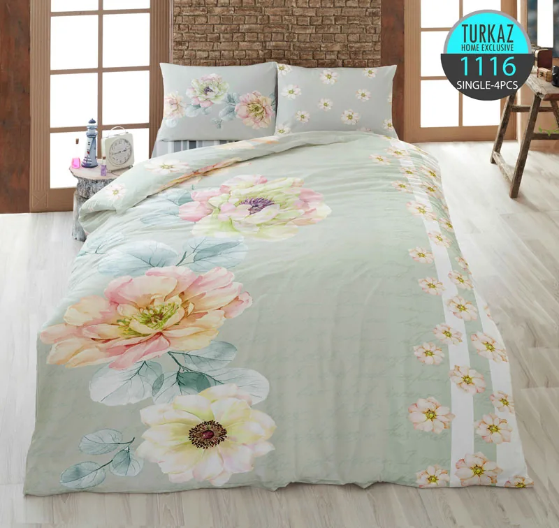 روتختی تک‌نفره ترکاز 1116 طرح گل‌های پاستلی بزرگ با زمینه سبز روشن و چاپ دیجیتال دو‌رو