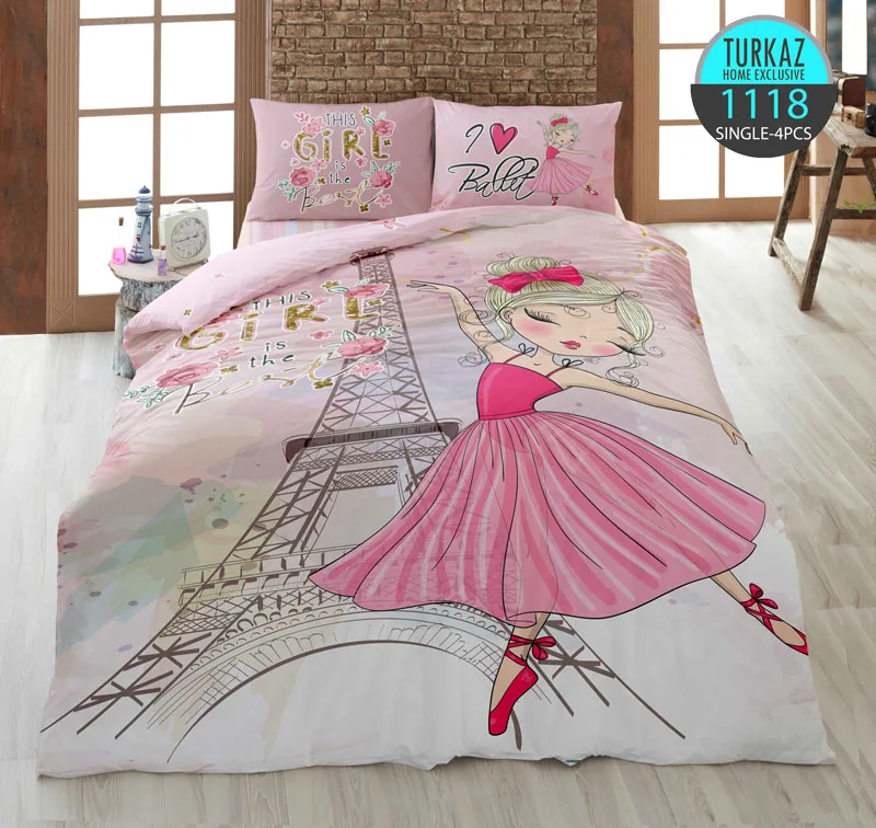 روتختی تک‌نفره دخترانه ترکاز کد 1118 طرح بالرین و برج ایفل – رویه لحاف دورو