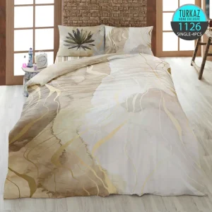 ست روتختی ترکاز 1126 تک‌نفره با طرح برگ و خطوط طبیعی در زمینه بژ قهوه‌ای