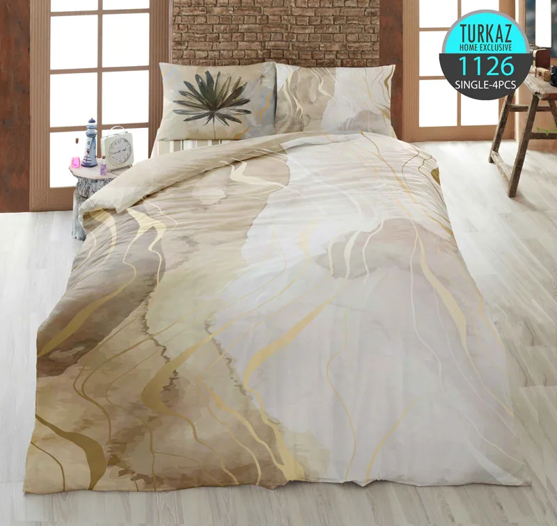 ست روتختی ترکاز 1126 تک‌نفره با طرح برگ و خطوط طبیعی در زمینه بژ قهوه‌ای