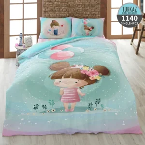 روتختی تک نفره ترکاز 1140 – زیره لحاف طرح دخترک بادکنکی با رنگ‌های پاستلی
