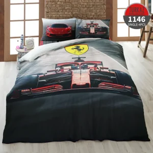 روتختی تک نفره ترکاز 1146 – زیره لحاف طرح ماشین فرمول یک قرمز با لوگوی فراری