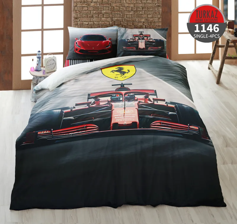 روتختی تک نفره ترکاز 1146 – زیره لحاف طرح ماشین فرمول یک قرمز با لوگوی فراری