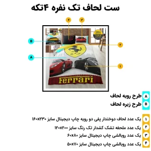 اجزای ست روتختی تک‌نفره ترکاز مدل 1054 و ابعاد لحاف، ملحفه و روبالشی‌ها