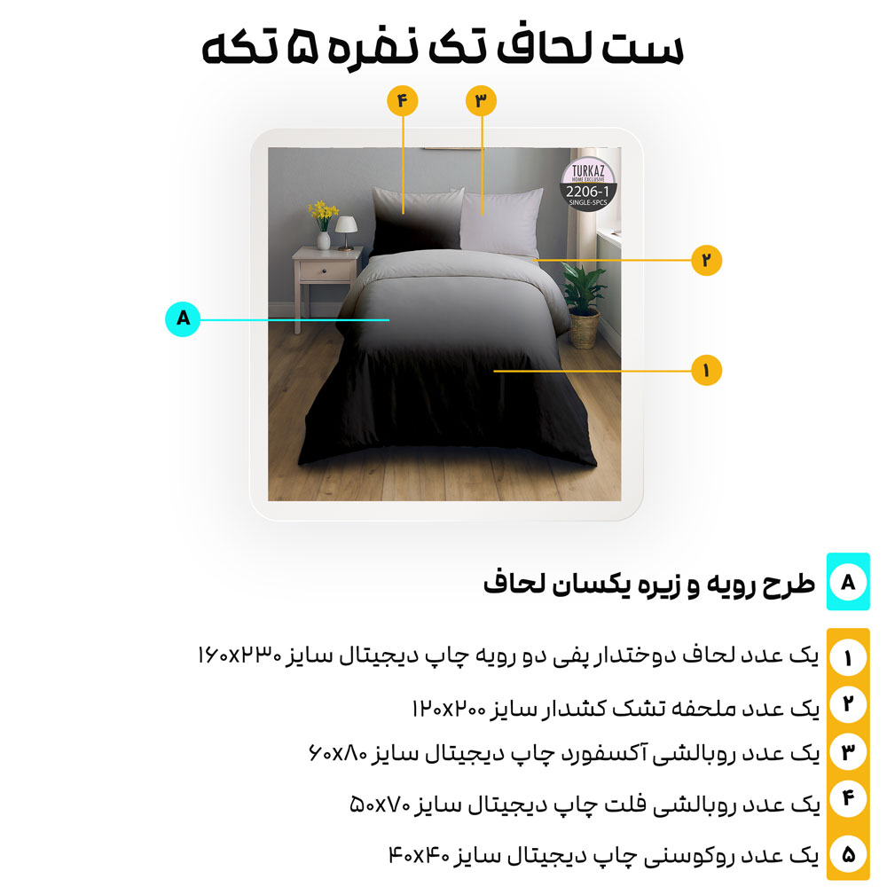 راهنمای اجزای ست روتختی 5 تکه ترکاز مدل 2206 با مشخصات دقیق