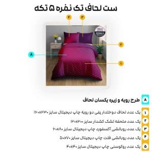 جزئیات اجزای ست لحاف 5 تکه ترکاز مدل ۲۲۱۴ به همراه راهنمای ابعاد