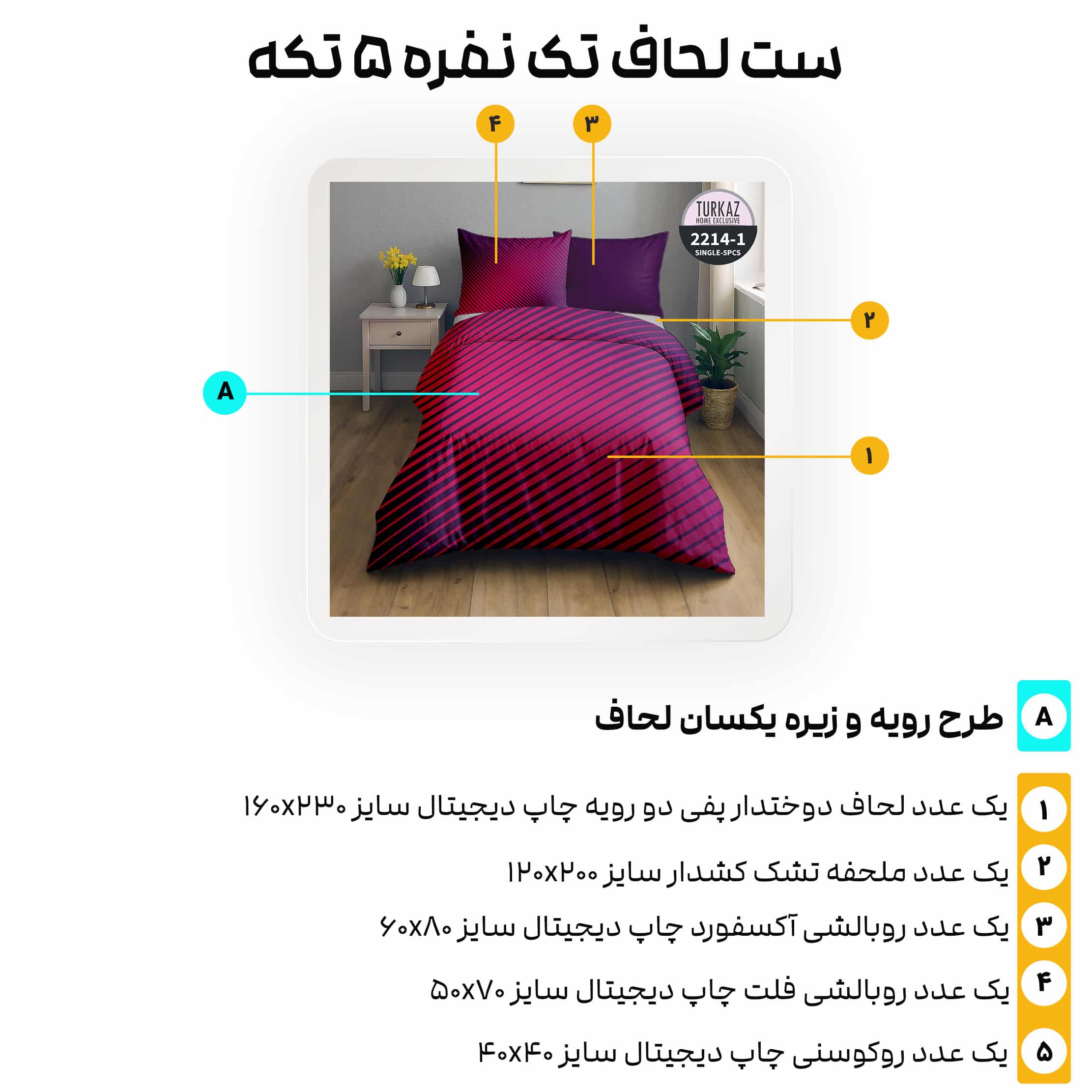 جزئیات اجزای ست لحاف 5 تکه ترکاز مدل ۲۲۱۴ به همراه راهنمای ابعاد