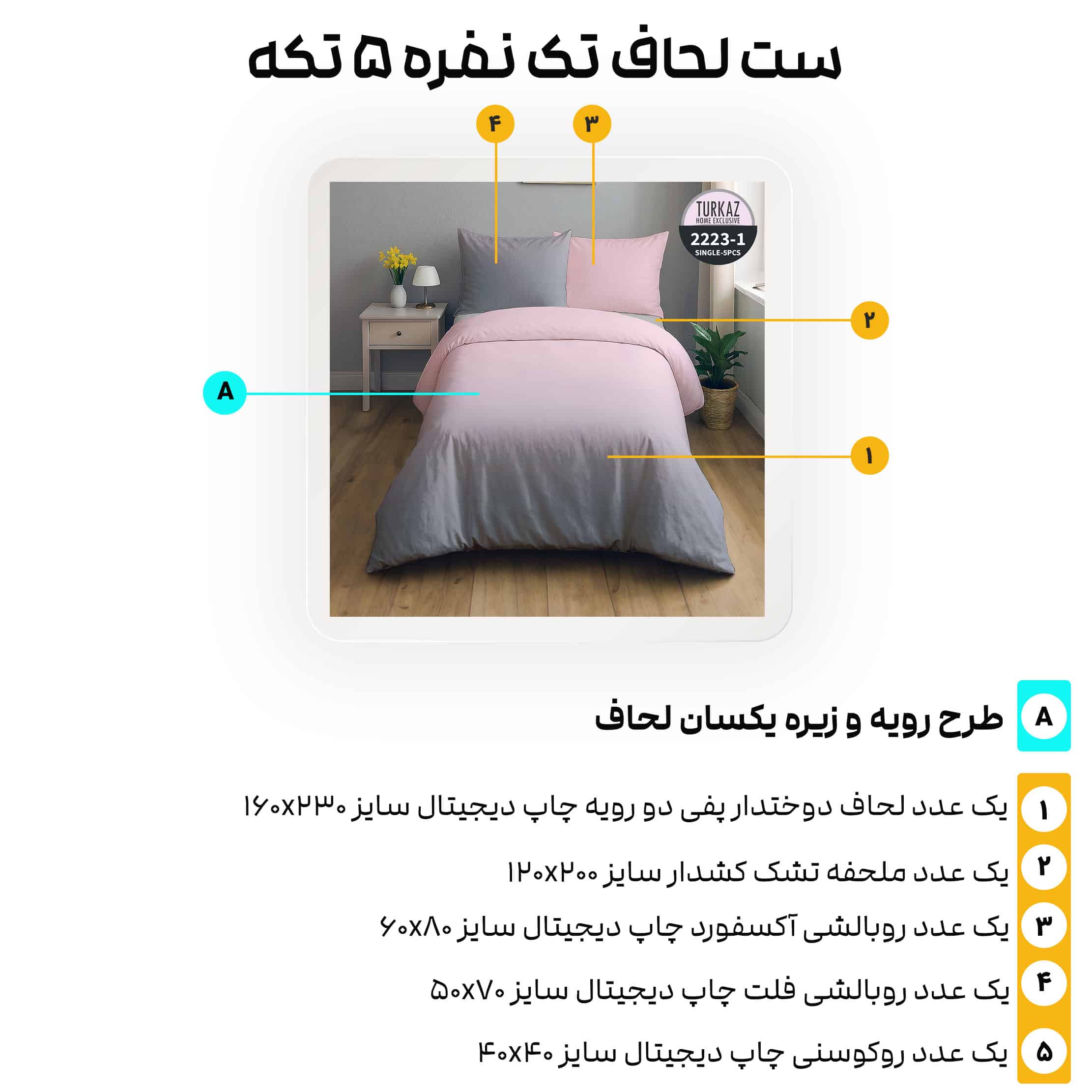 نمای شماتیک ست لحاف ترکاز مدل 2223-1 همراه با مشخصات تکه‌ها و ابعاد، طراحی دو رو
