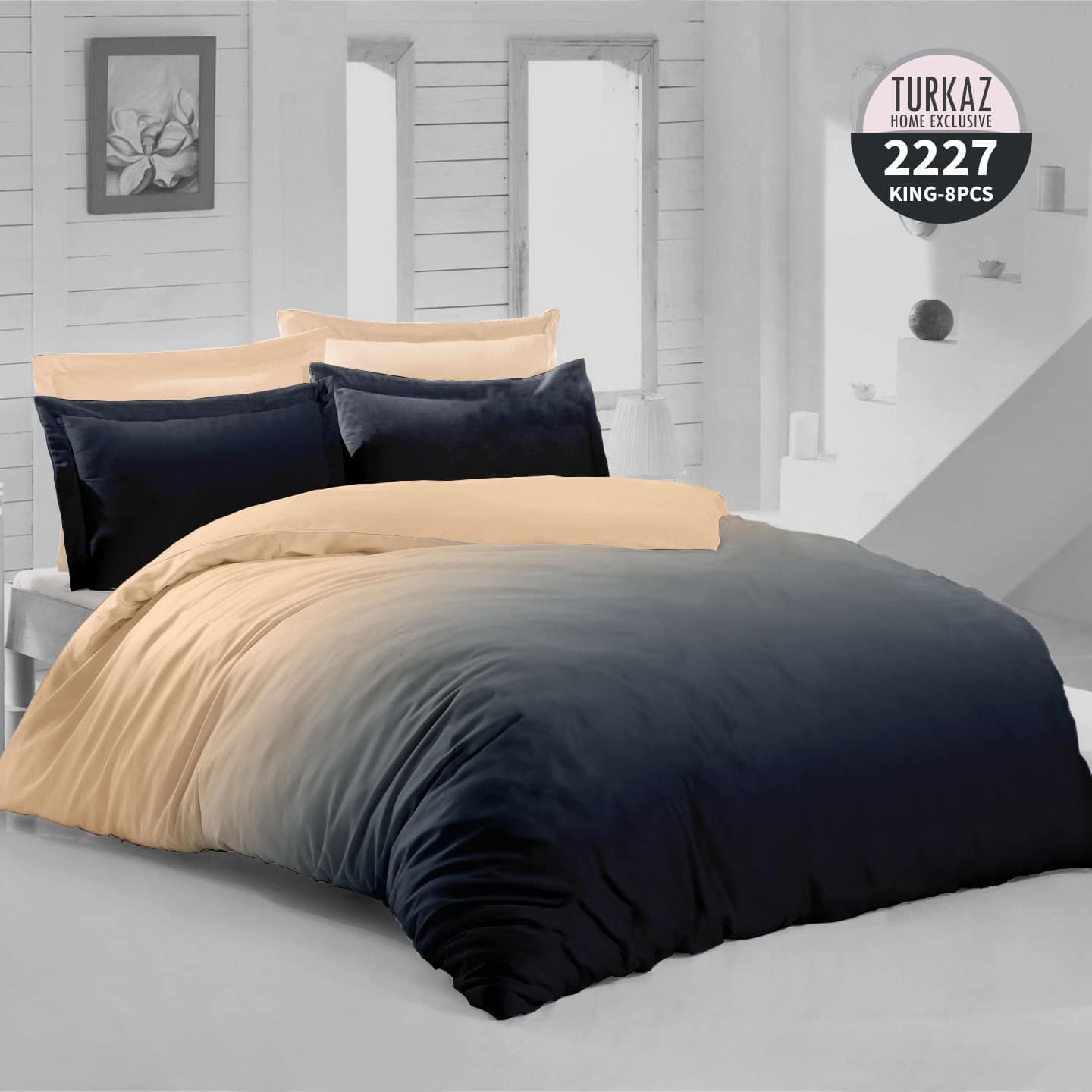 ست روتختی ترکاز مدل 2227 در فضای روشن با ترکیب کرم و سرمه‌ای