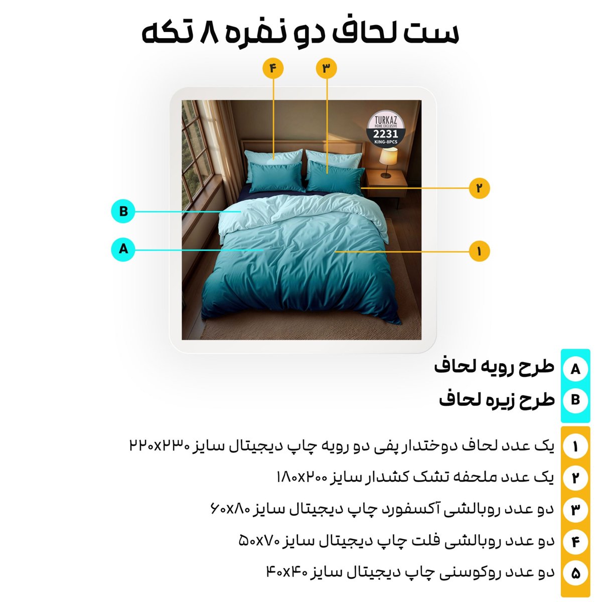 جزئیات کامل اجزای ست لحاف دو نفره ترکاز 2231
