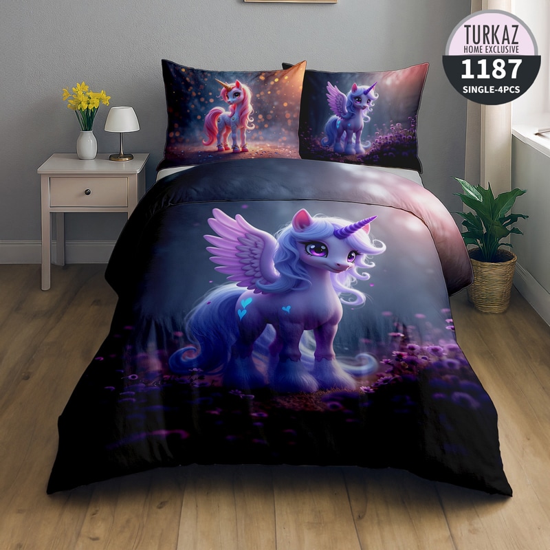 ست لحاف با طراحی تک شاخ با رنگ‌های صورتی و جزئیات جادویی