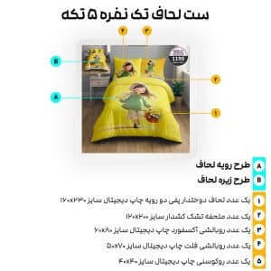 لحاف دخترانه 5 تکه ترکاز با طراحی گل و رنگ زرد روشن مناسب برای اتاق خواب یک نفره.