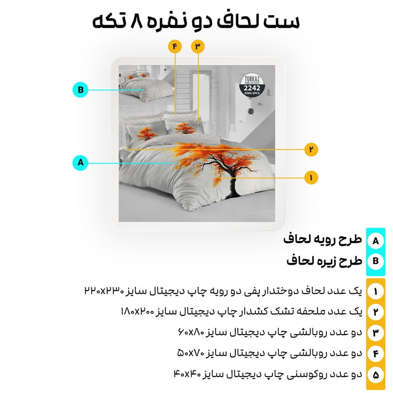 اجزا و تکه‌های ست لحاف دو نفره 8 تکه ترکاز 2242