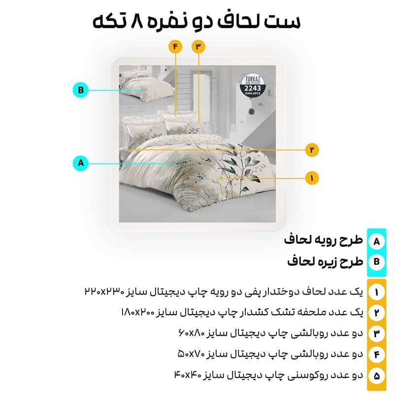 اجزای ۸ تکه سرویس خواب ترکاز مدل 2243 با توضیحات ابعاد و کاربرد