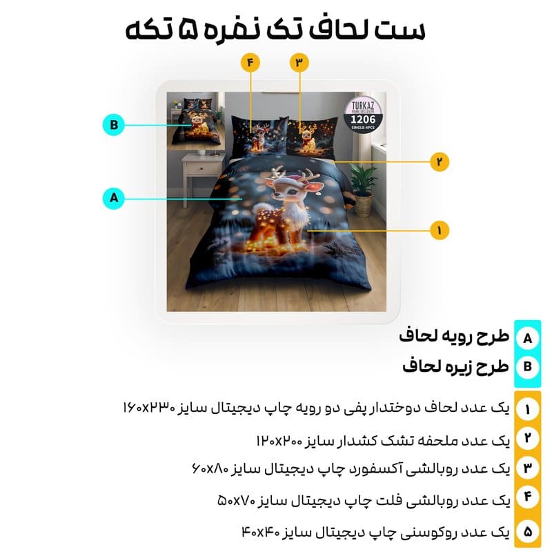 اجزای کامل ست لحاف تک‌نفره ترکاز مدل 1206 به همراه اندازه اجزا