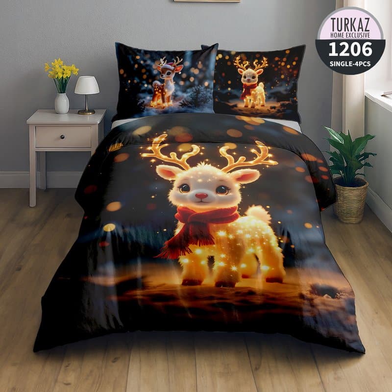 نمای روبه‌رو از لحاف گوزن فانتزی با شال قرمز و نورپردازی زیبا