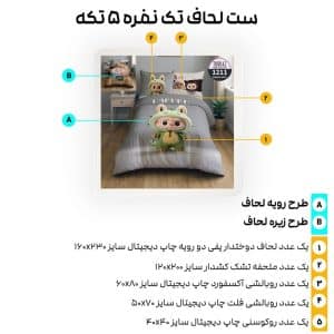 معرفی اجزای ست کامل روتختی کودک ترکاز با طرح لابوبو، شامل لحاف و روبالشتی
