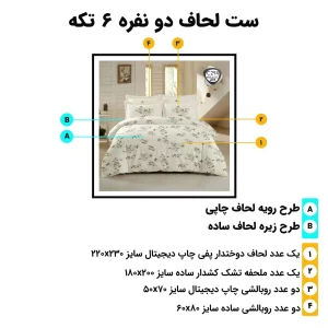 اینفوگرافیک اجزا و ابعاد ست لحاف دو نفره ۶ تکه اسپیر C294