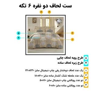 مشخصات و ابعاد ست روتختی دونفره ESPIR C288 شامل لحاف 230×220، ملحفه 180×200 و 4 روبالشی