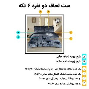 مشخصات و ابعاد ست روتختی دونفره ESPIR C290 شامل لحاف 230×220، ملحفه 180×200 و 4 روبالشی