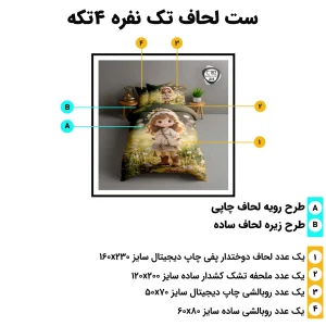 اینفوگرافیک مشخصات ست روتختی تک نفره اسپیر C182 چهار تکه و ابعاد لحاف، ملحفه کش‌دار و روبالشی‌ها