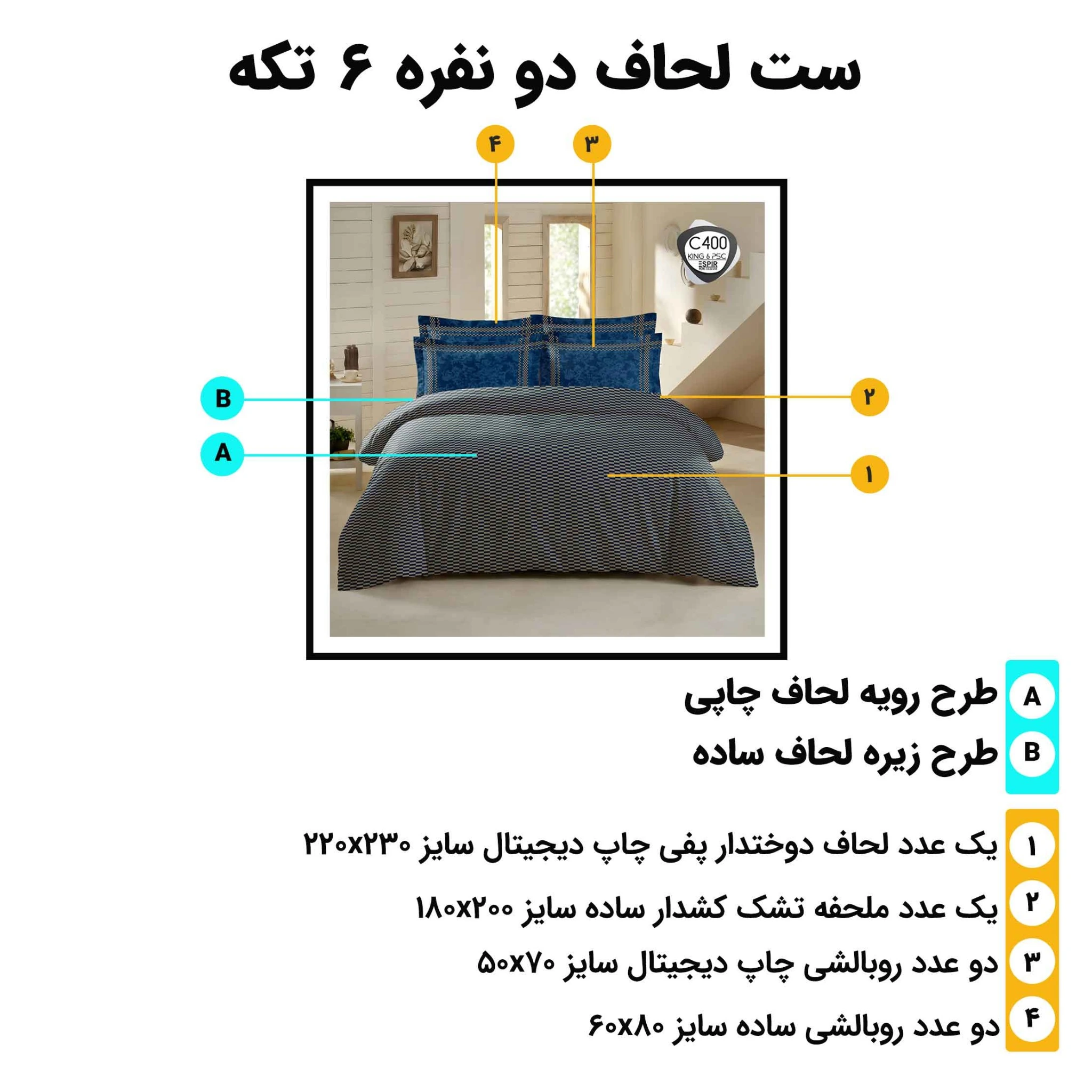 اینفوگرافیک اجزای ست لحاف دونفره ۶ تکه اسپیر C400 به همراه سایز هر تکه