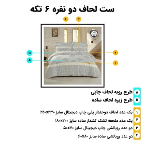 اینفوگرافیک معرفی اجزای ست لحاف دونفره ۶ تکه اسپیر C402 همراه با سایز هر تکه